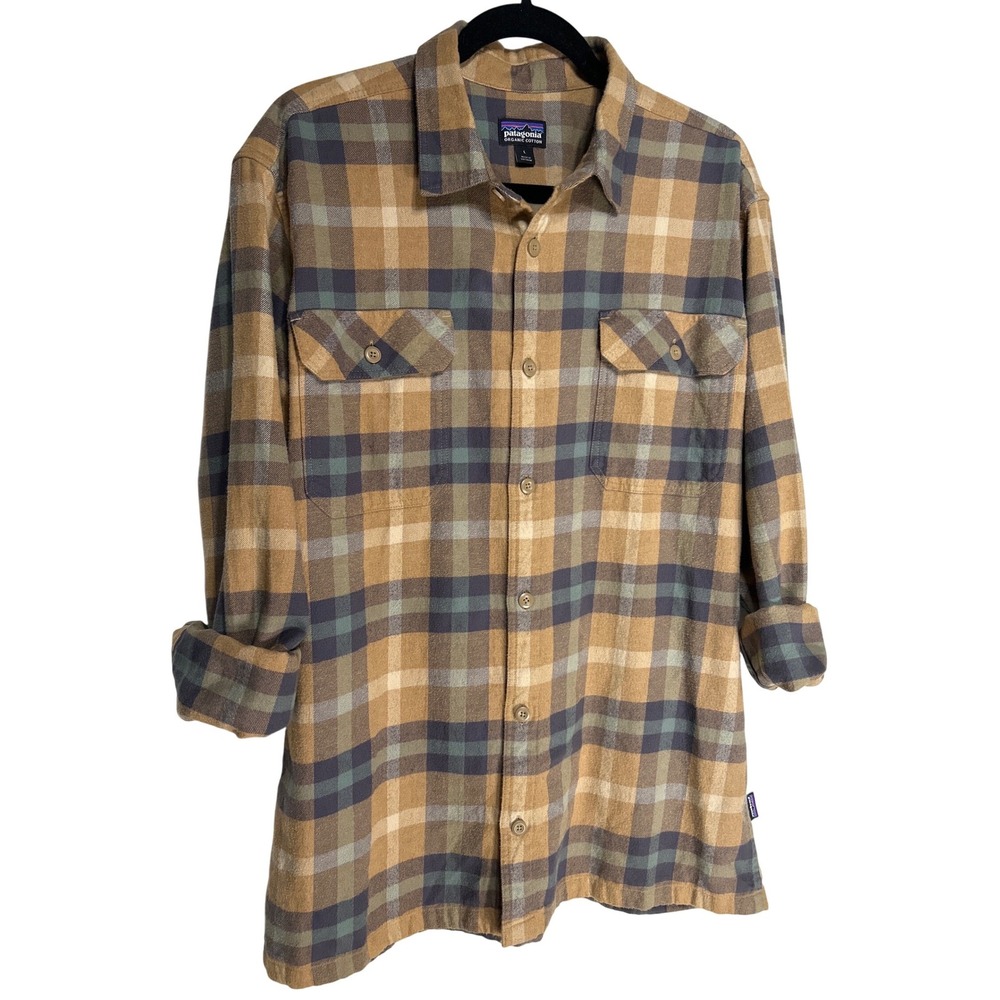 Patagonia Organic Cotton‎ Flannel Plaid Button Down Shirt Brown Tan Large